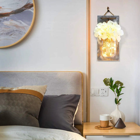 Rustic Mason Jar Wall Lights With Remote, Battery Powered Sconce Set Of 2, Hanging LED Fairy Lights For Farmhouse Bedroom