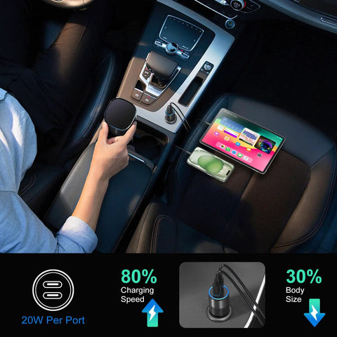 Dual Port USB C Car Charger With Super Fast 40W Output Adapter For Phone And Tablet Quick Top Off In Your Ride, charging devices in car.