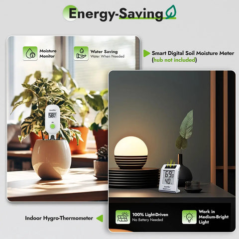 Light Driven Thermo Hygrometer And Smart Digital Wireless Soil Moisture Meter Kit For Real Time Plant Care WiFi Hub Required Garden Sensor displayed on table.