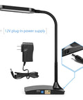 Ivy LED Desk Lamp With USB Port And 3 Way Touch Switch, Ultra Efficient Black Reading Light with 12V plug-in power supply shown.