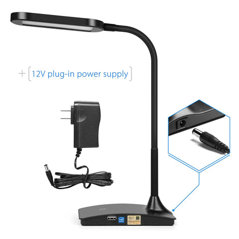 Ivy LED Desk Lamp With USB Port And 3 Way Touch Switch, Ultra Efficient Black Reading Light with 12V plug-in power supply shown.