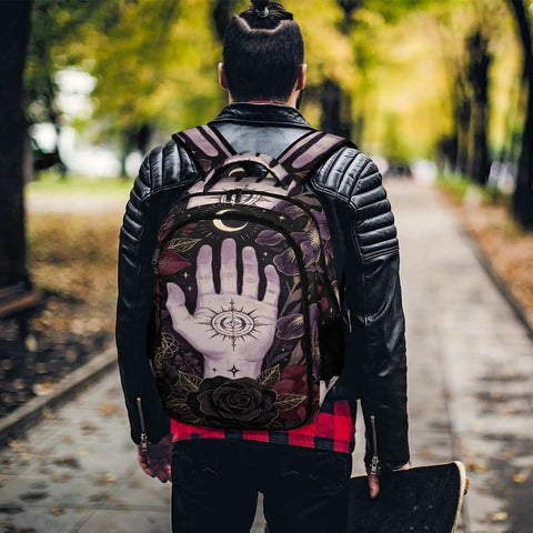 Person wearing Floral Palm Star Art Printed Unisex Backpack With Large Capacity For Everyday Carry And Daily Use Durable Polyester Daypack