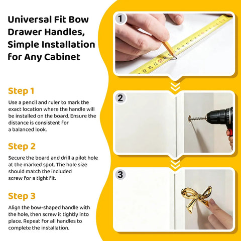 Installation steps for Gold Bow Drawer Knobs Set 8 Pcs on cabinet, showing marking, drilling, and attaching the handle.