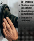 Person using Ultimate Lens Hood For DSLR Cameras, Anti Reflection Rubber Hood, Universal Fit 49mm To 82mm Filter Thread on glass