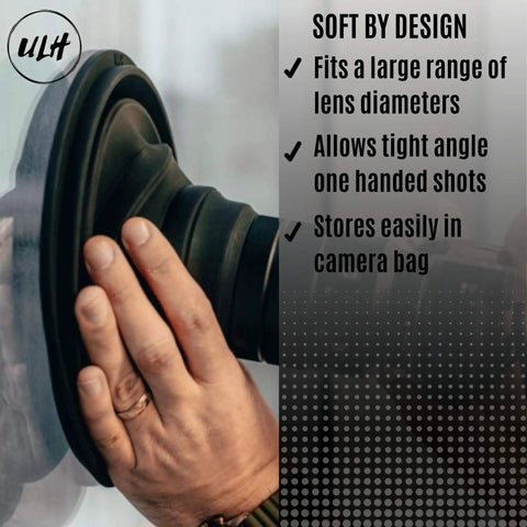 Person using Ultimate Lens Hood For DSLR Cameras, Anti Reflection Rubber Hood, Universal Fit 49mm To 82mm Filter Thread on glass
