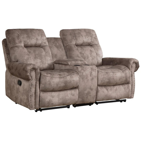 Dual Manual Recliner Loveseat Sofa With Center Console And Hidden Storage, Cup Holders, Vintage Rivet Mid Century Design