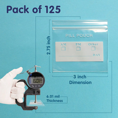 Image of 125 Packs 6 Mil Pill Bags BPA Free Waterproof Zip Lock Pouches 3 x 2.75 Inch with write-on label, dimension shown.