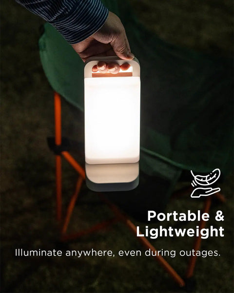 Man holding Solar Camping Lantern With 6000mAh Rechargeable Battery Up To 80 Hours Of Light Dimmable Night Lamp outdoors