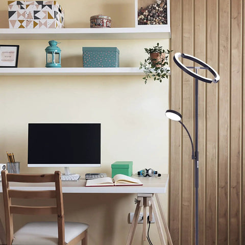 Lit LED Floor Lamp With Rotatable Main Light And Flexible Reading Light in an office setting