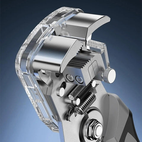 Close-up of Heavy Duty Wire Stripper Tool Combo Set With Grip Pliers, showcasing crimping jaws and ergonomic design features.