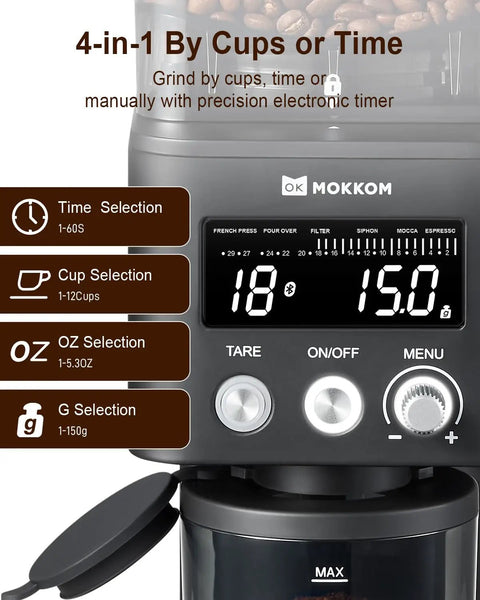 Precision Conical Burr Coffee Grinder With Smart Bluetooth Scale And 31 Adjustable Grind Settings For Home Brewers Programmable Electric Bean Mill control panel with digital display.