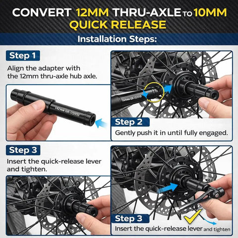 Diagram of installation steps for 12mm to 9mm thru axle quick release hub skewer adapter for mountain and road bikes