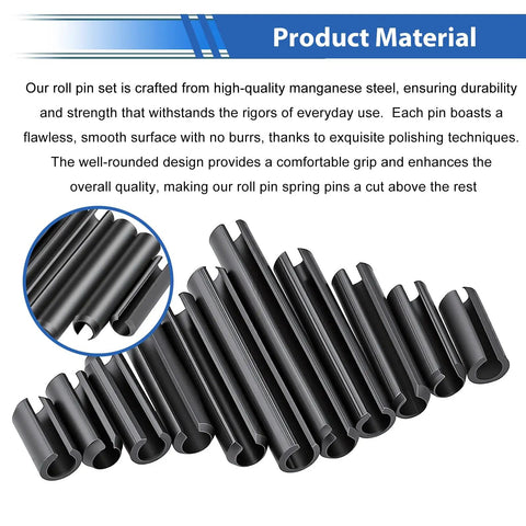 370 Piece Roll Pin Kit With SAE Slotted Spring Pins In 10 Common Sizes From 1/16 To 3/8 Inch For Home Improvement And Auto Repair, Durable Quick-Fix Fasteners, Great For Mechanical Projects And General Maintenance. Manganese steel roll pins