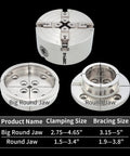 DEEFIINE 4-inch wood lathe chuck set with nickel-plated 4-jaw chuck; includes big round jaw and round jaw (front view).