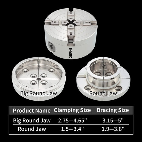 DEEFIINE 4-inch wood lathe chuck set with nickel-plated 4-jaw chuck; includes big round jaw and round jaw (front view).