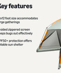 Screened Canopy Tent 12 X 12 Ft With Zippered Enclosure illustrated with key features and zippered screen view for sun protection