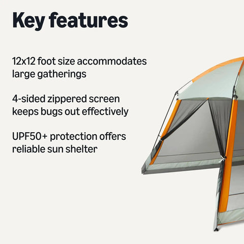 Screened Canopy Tent 12 X 12 Ft With Zippered Enclosure illustrated with key features and zippered screen view for sun protection