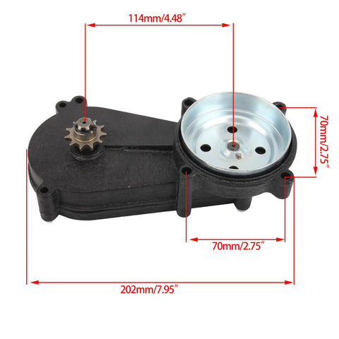 11 Tooth Sprocket Transmission Gearbox for 47cc 49cc 2 Stroke Pocket Bikes with aluminum housing and size measurements.