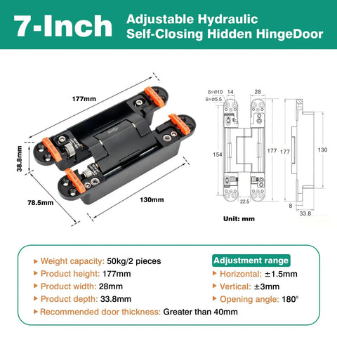 Dimensions of 2 Pack 7 Inch Hydraulic Hidden Door Hinge Set With 180 Degree Wide Opening Self Closing Concealed Hinge 3 Way Adjustable