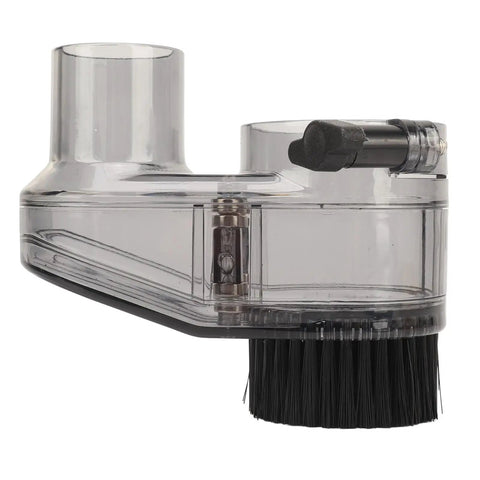 Pro Hustle 52mm Cnc Router Dust Shoe With Crystal Clear Shroud and Tough Nylon Bristles side view showcasing clear design and bristles.