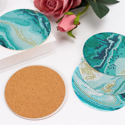Diamond Art Coaster Set With Holder For DIY Craft Lovers, 8 teal marble coasters with cork pads, diamond dot supplies