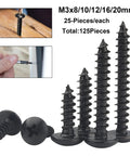Assorted M3 Screw Kit With Slick Black Oxide Finish Badass Truss Head Phillips Self Tapping Fasteners For Dang Tough Wood Projects And Solid Steel Frames 125 Pcs, showing various sizes.
