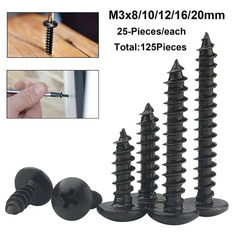 Assorted M3 Screw Kit With Slick Black Oxide Finish Badass Truss Head Phillips Self Tapping Fasteners For Dang Tough Wood Projects And Solid Steel Frames 125 Pcs, showing various sizes.