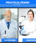 Adults Unisex Doctor Lab Coat Costume White Button Front Size Large Perfect For Cosplay Halloween Dress Up And Medical Themed Parties Great For Men And Women in lab setting, side slit visible, man and woman working with equipment.