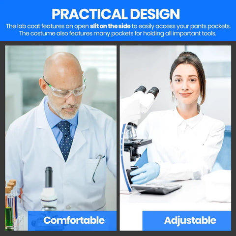 Adults Unisex Doctor Lab Coat Costume White Button Front Size Large Perfect For Cosplay Halloween Dress Up And Medical Themed Parties Great For Men And Women in lab setting, side slit visible, man and woman working with equipment.