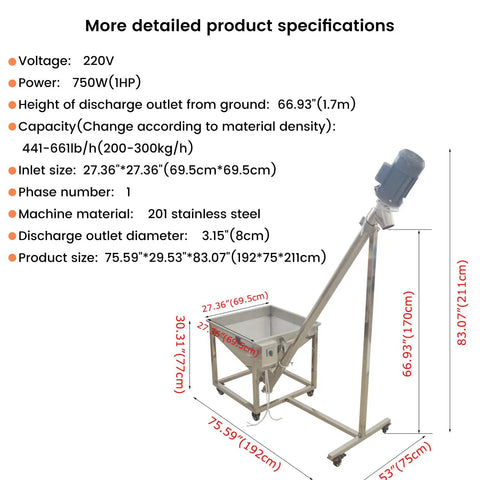 Inclined Screw Conveyor Feeder For Powders And Granules, 441 To 661 Lb Per Hour Capacity, Stainless Steel Construction, 1100W 220V