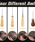 Four different awls for leather crafting, including hook, hollow, solid wood, and sewing hook awls from Leather Stitching Punch Kit With 56 Pieces 4Mm Prong Hole Punch Waxed Thread Hand Sewing Needles Awls Thimbles Tape Measure Scissors DIY Leather Craft Tools For Beginners.