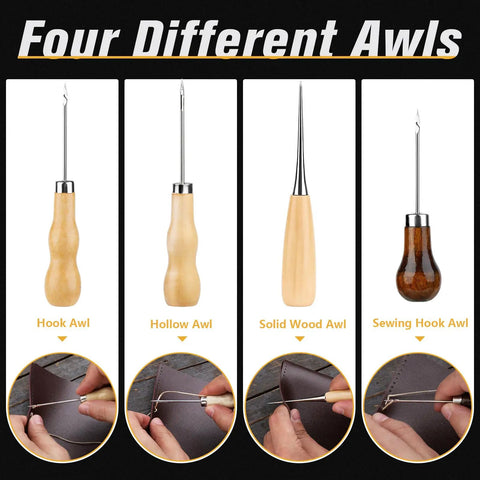 Four different awls for leather crafting, including hook, hollow, solid wood, and sewing hook awls from Leather Stitching Punch Kit With 56 Pieces 4Mm Prong Hole Punch Waxed Thread Hand Sewing Needles Awls Thimbles Tape Measure Scissors DIY Leather Craft Tools For Beginners.