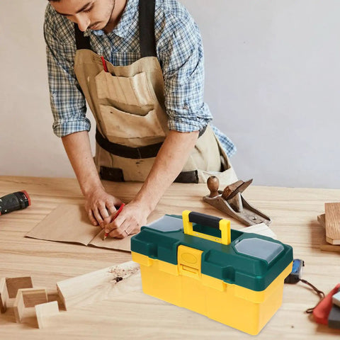 Heavy Duty Portable Plastic Toolbox With Secure Locking Latch And Multi Compartment Storage on a workbench with tools.