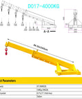 Heavy Duty Adjustable Forklift Telescopic Truss Jib Boom With Rock Solid Hella Strong Lifting Hook, showing dimensions and features.