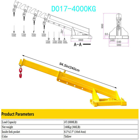 Heavy Duty Adjustable Forklift Telescopic Truss Jib Boom With Rock Solid Hella Strong Lifting Hook, showing dimensions and features.