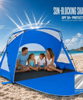 Family under Portable Beach Sun Shelter For 2 To 8 People, UPF 50 Plus UV Protection, Easy Setup Waterproof Shade Canopy