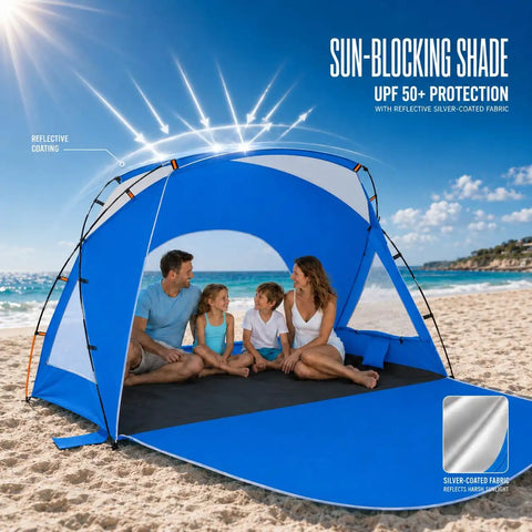 Family under Portable Beach Sun Shelter For 2 To 8 People, UPF 50 Plus UV Protection, Easy Setup Waterproof Shade Canopy