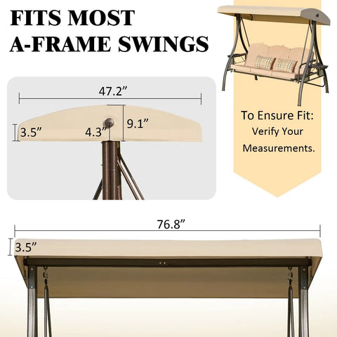 Khaki One-Piece Outdoor Swing Canopy Replacement Cover For 3-Seat Porch Swing UV-Resistant Weatherproof No-Brainer Quick Swap Easy Install For Deck Patio Swing dimensions diagram.