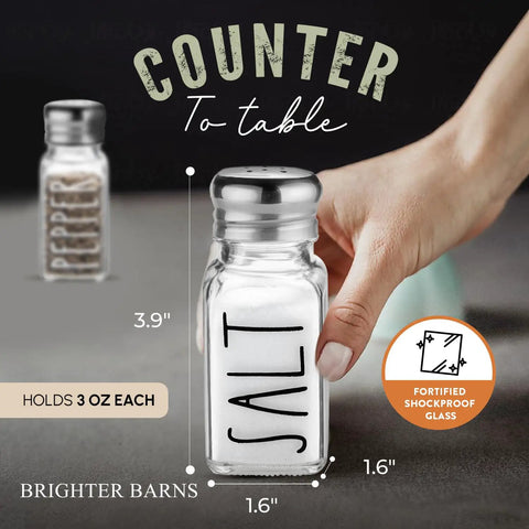 Hand holding Clear Glass Salt And Pepper Shaker Set With Stainless Steel Lids For Modern Farmhouse Kitchen Decor Perfect For Home.