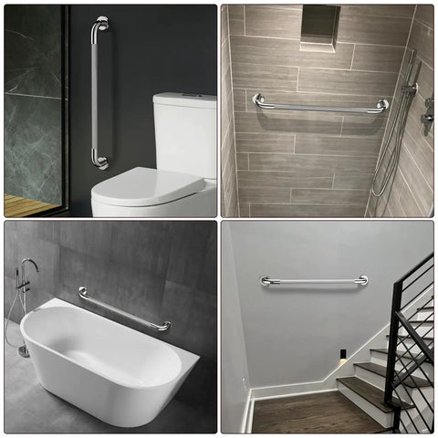 2 Pack 32 Inch Anti Slip Shower Grab Bar Handles Knurled Stainless Steel Safety Hand Rails Chrome Finish 1.25 Inch Diameter Heavy Duty Support for Seniors and Handicap Bath Accessibility, shown mounted in bathroom and stair settings