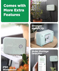 Smart Automatic Watering System For Potted Plants With Wi-Fi And App Control showing features like silent pump and water alerts.