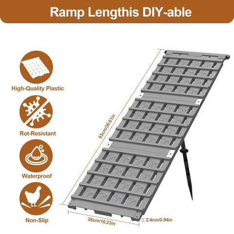 Adjustable Chicken Coop Ramp With Waterproof Non Slip Design shown with measurements and features like rot-resistant, non-slip surface