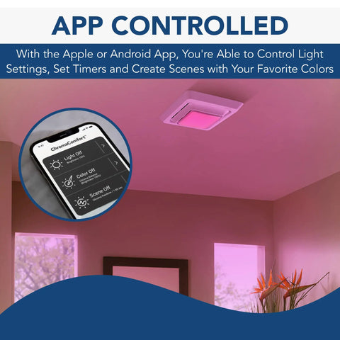 Color Changing LED Cover And Grille For Bathroom Fans With App Control And Customizable Vibe Themes, Easy DIY Install, bright white finish.
