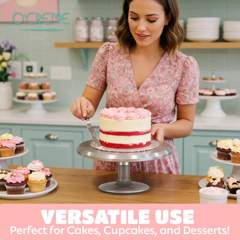 12 Inch Heavy Duty Aluminum Cake Turntable Stand Rock Solid Rotating Lazy Susan With Non Slip Base, frosting a cake.
