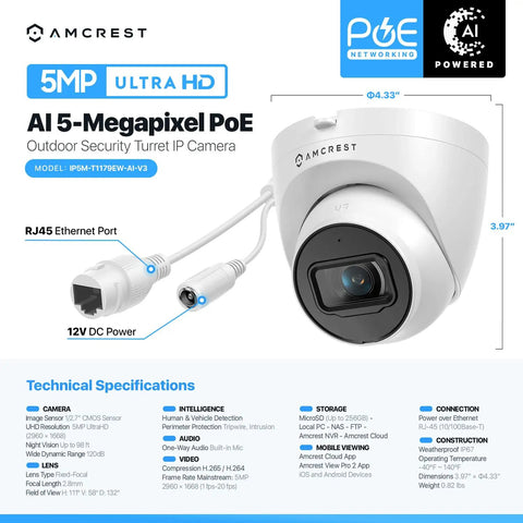 Refurbished 5MP Turret PoE Outdoor IP Camera With Mic Audio 132 Degrees FOV IP67 Weatherproof MicroSD Card Slot Up To 256GB White Body High Quality Surveillance Cam For Home Or Small Biz