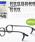 No Slip Eyeglass Ear Grips Hook Set, 20 Pairs Silicone Temple Tips Sleeve Holders For Glasses And Sunglasses, black and clear on table