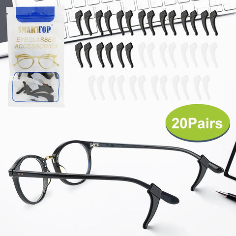 No Slip Eyeglass Ear Grips Hook Set, 20 Pairs Silicone Temple Tips Sleeve Holders For Glasses And Sunglasses, black and clear on table