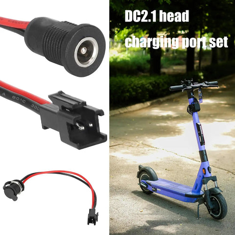 5.5x2.1mm Charging Port High Current Female Power Connector for Electric Scooter Accessories next to a blue EScooter on path