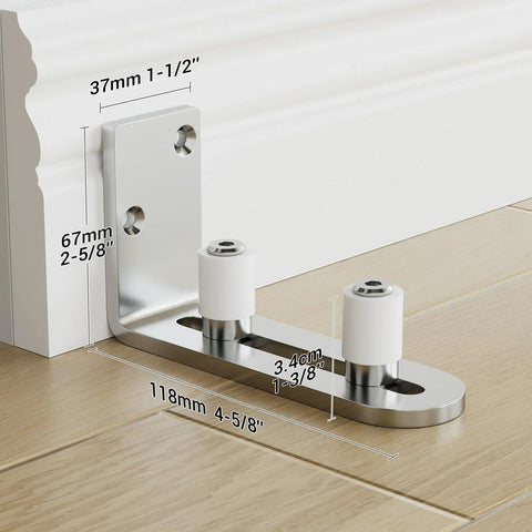 Stainless Steel Barn Door Floor Guide With Adjustable Ball Bearing Bottom Guide Wall Mount shown in close-up installation view.