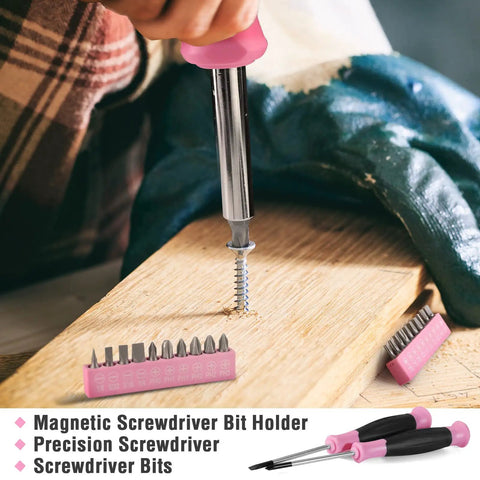 Person using a screwdriver from Pink 35 Piece Tools Set With Storage Toolbox For Home Garage Dorm And Apartment Essential Tool Kit For New House Projects And Back To School Prop 65 Safe Pink Ribbon Supports Helping Women Now.